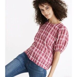 NWT Madewell Shirt Blouse XS Plaid Puff Sleeve Pink White Boho Peasant Crinkle